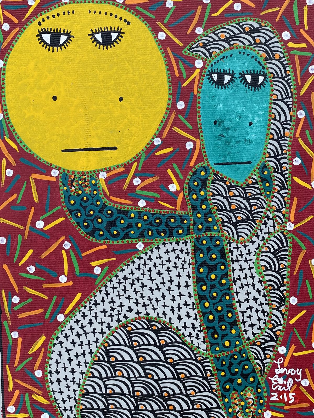 Famousol by Levoy Exil — a golden sun face on a deep red field