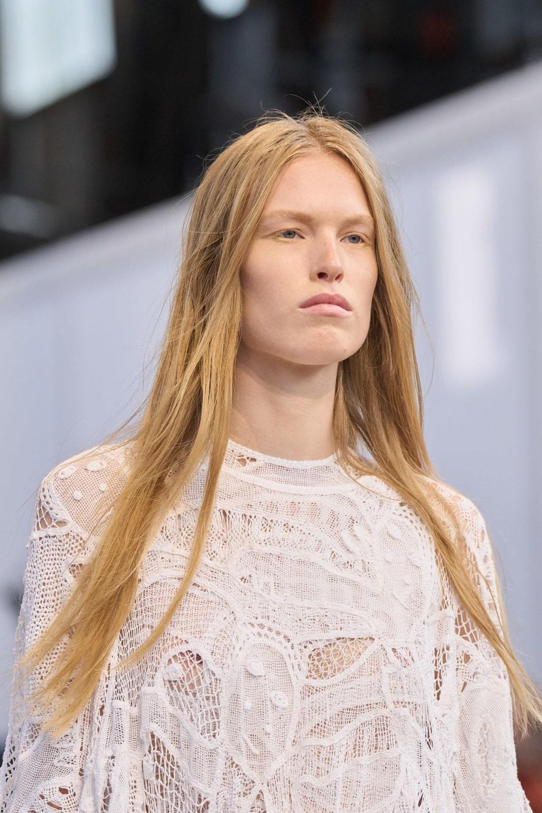 Close-up of the white macrame lacework inspired by Levoy Exil's Solrou on the Gabriela Hearst runway
